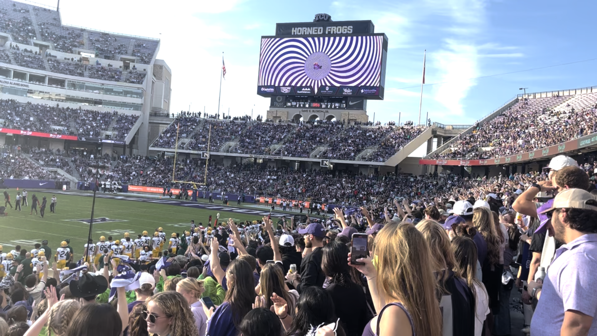 The Hypnotoad hype video plays at Amon G. Carter Stadium.